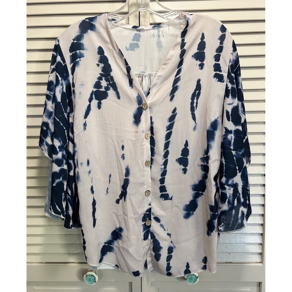 Chiffon Tie Dye Look Sheer Butterfly Sleeves Blouse Size M Button Up V Neck